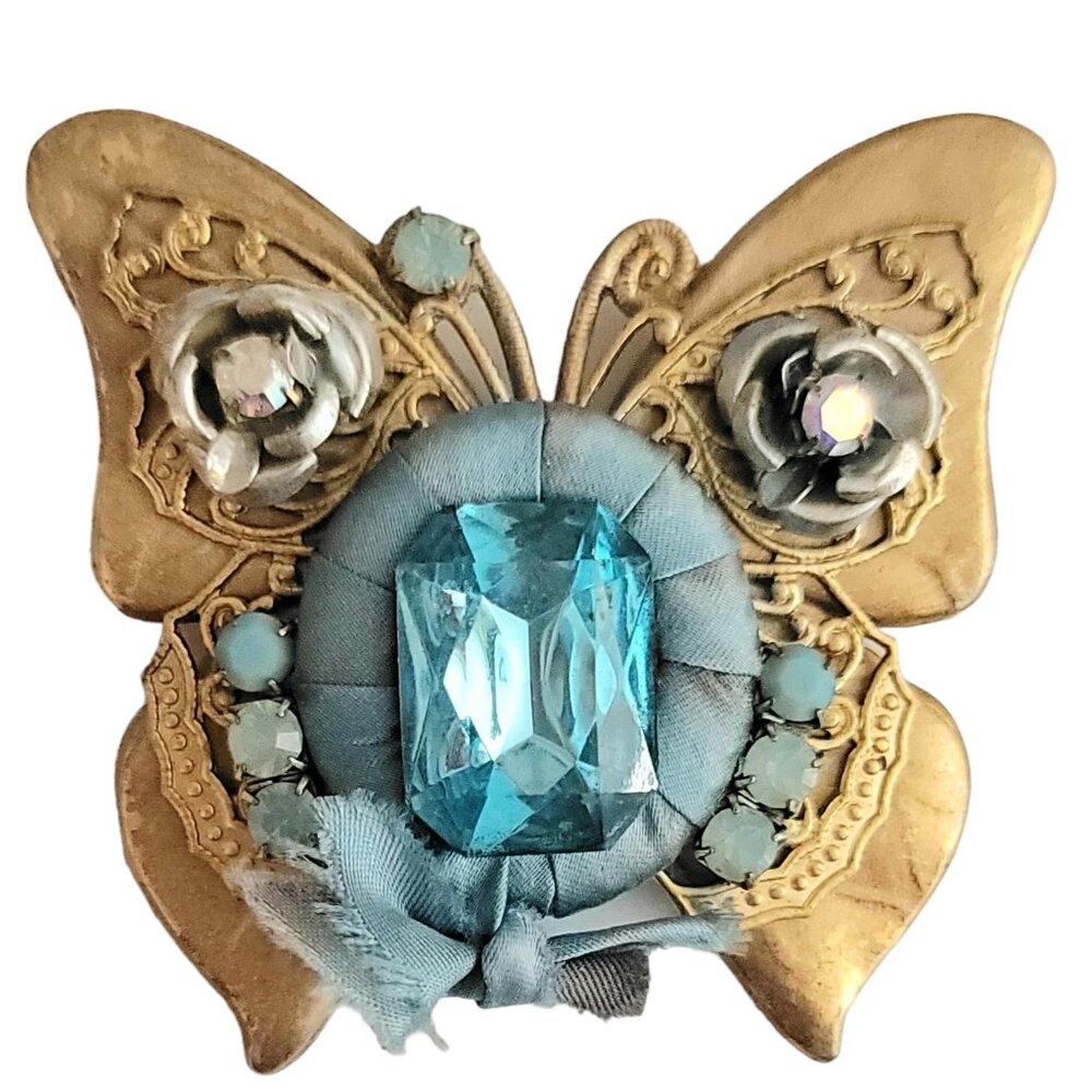 Lenora Dame Gold Tone Rhinestone Ornate Butterfly Pin Brooch
